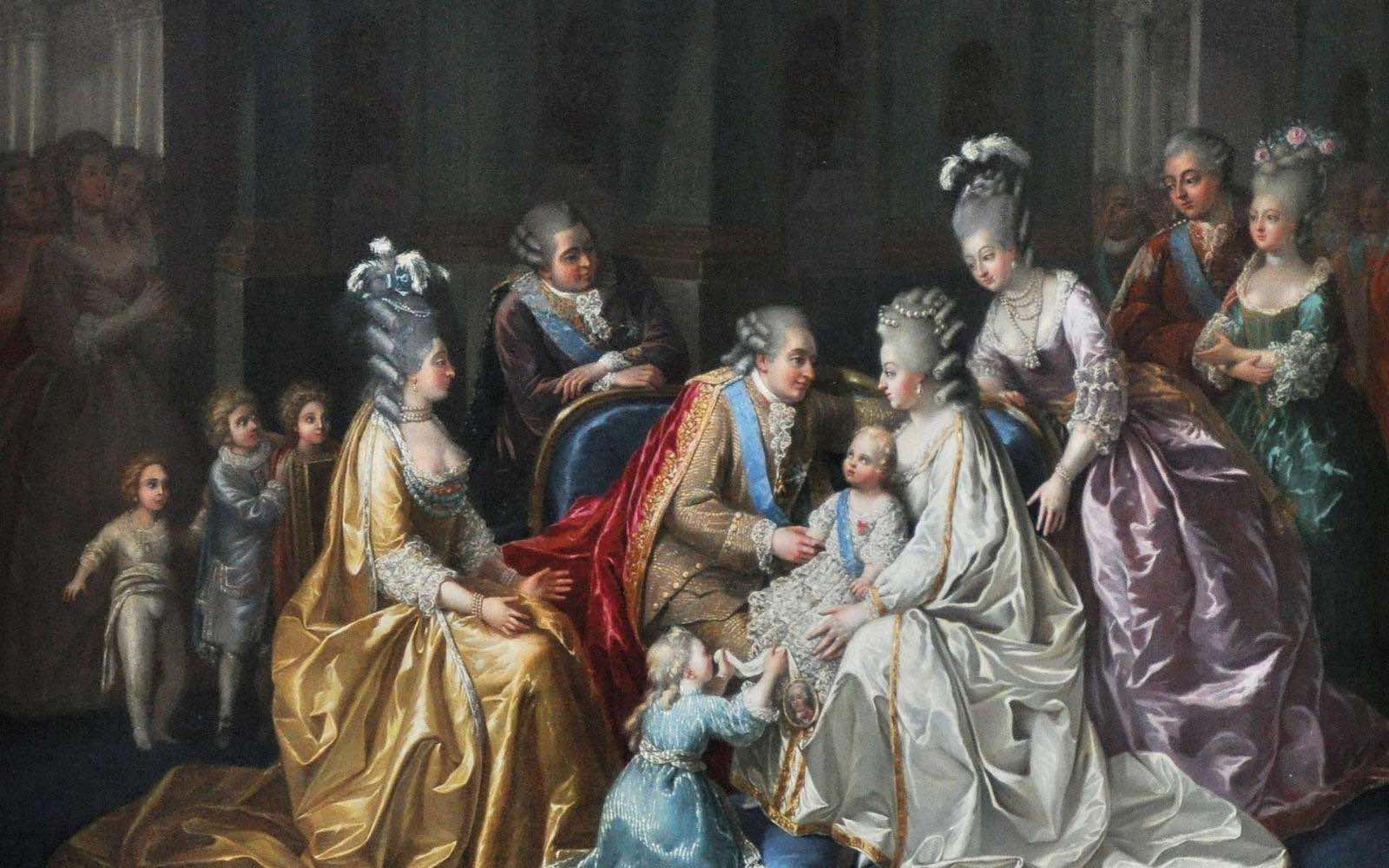 Людовик XVI и Мария-Антуанетта c детьми и прислугой.